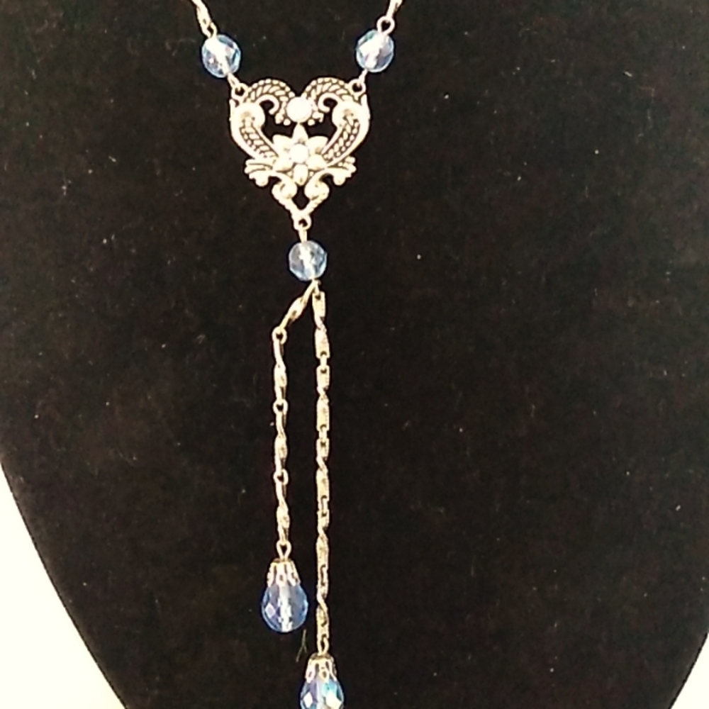 Silver and blue necklace and earring set